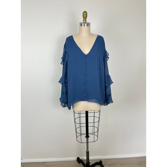 Vince Camuto Blue Ruffle Sheer Sleeve Chiffon V Neck Blouse 2X XXL Plus Size - Picture 2 of 16
